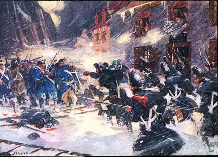 Arnold's column is shattered in fierce street fighting during the Battle of Quebec. by Charles William Jefferys