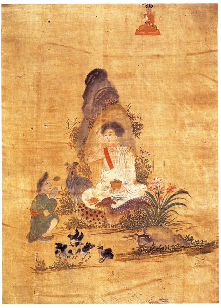 Milarepa seated outside a mountain cave by Choying Dorje