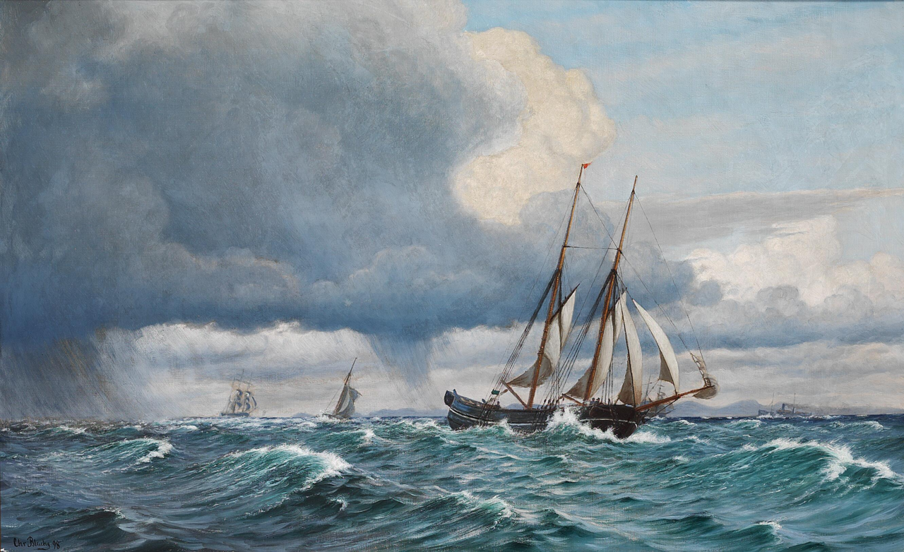 Sailing ships at sea in rain and a gale. by Christian Blache