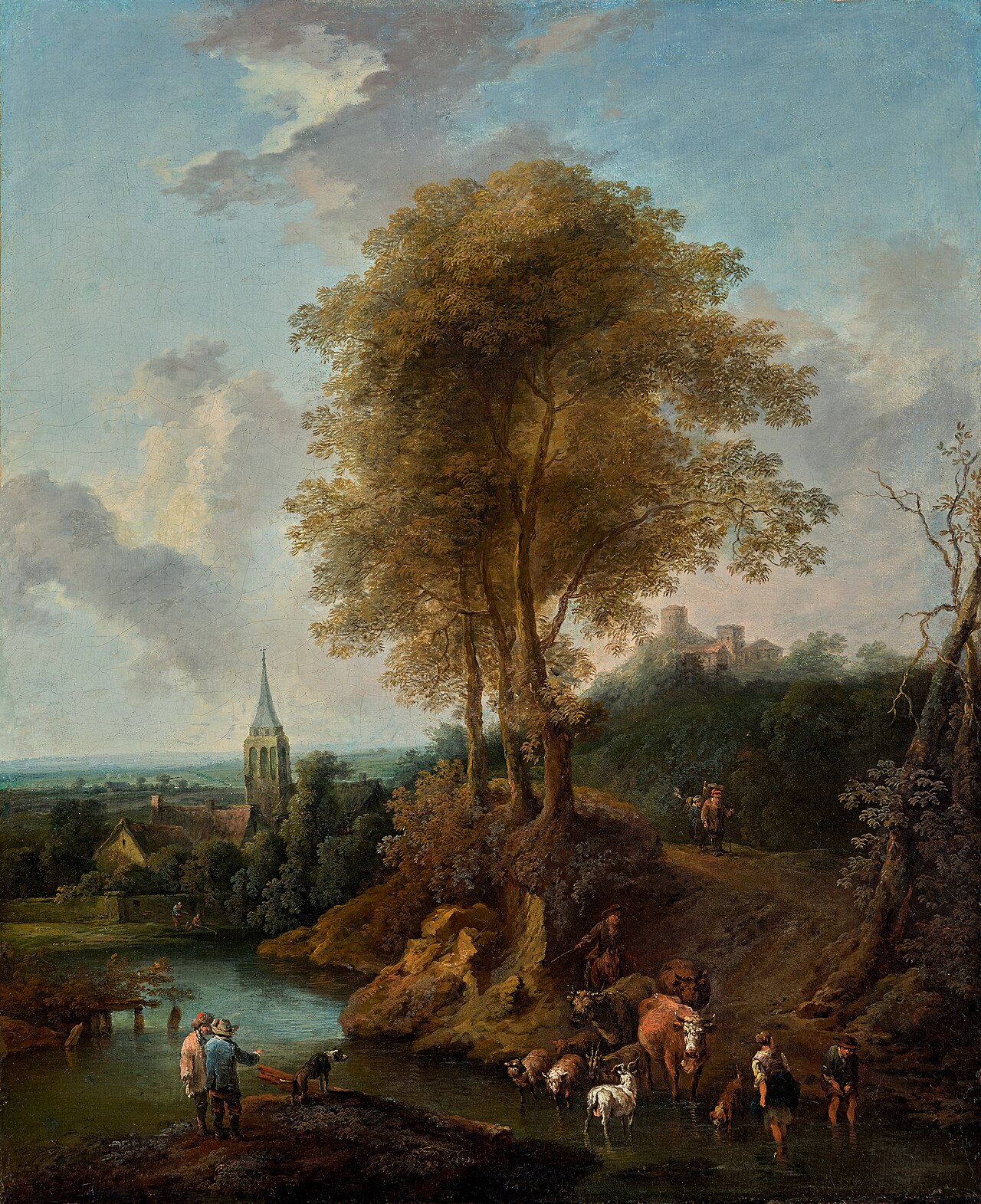Landscape with a fordable place in a brook with peasants and cattle by Christian Hilfgott Brand