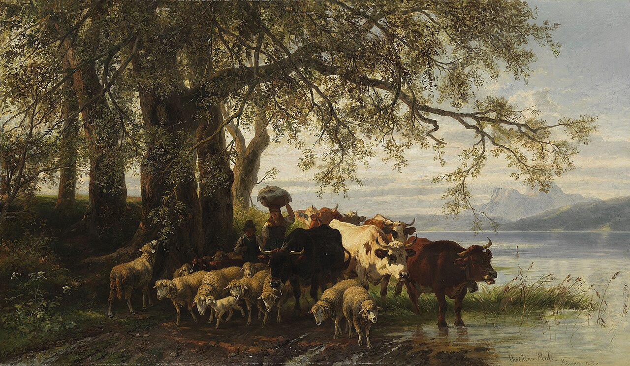 Farmers wife and shepherd boy with cattle and a flock of sheep by the lakeside by Christian Mali
