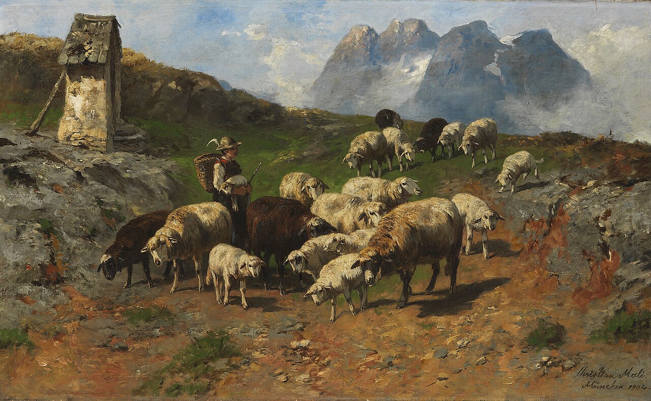 Shepherd boy with sheep in the mountains by Christian Mali