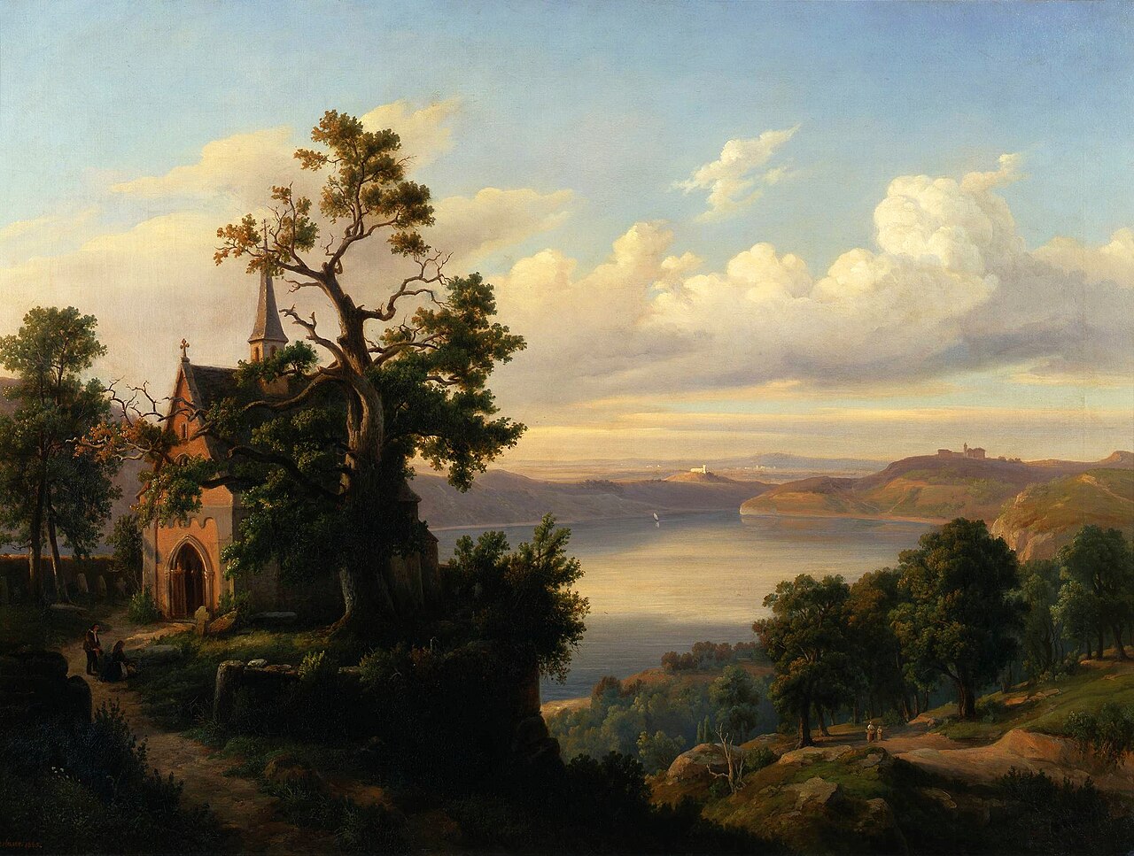 Landscape with a lake and a Gothic church. by Chrystian Breslauer