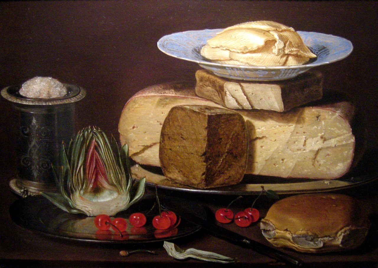 Still life with cheese, artichoke and cherries by Clara Peeters