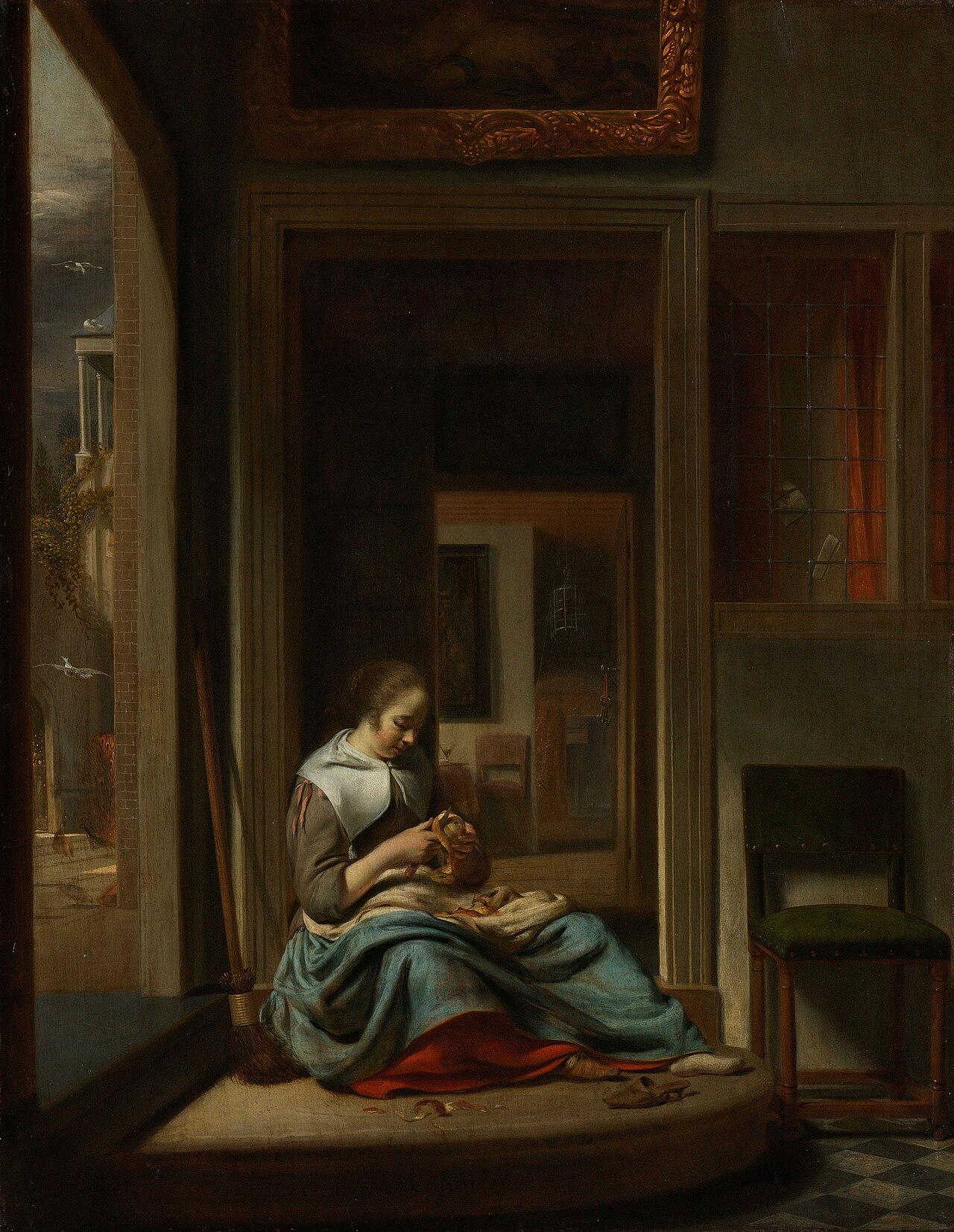 Girl peeling an apple by Cornelis Bisschop