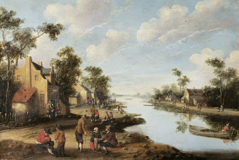 A River Landscape with Figures Resting Near an Inn by Cornelis Droochsloot