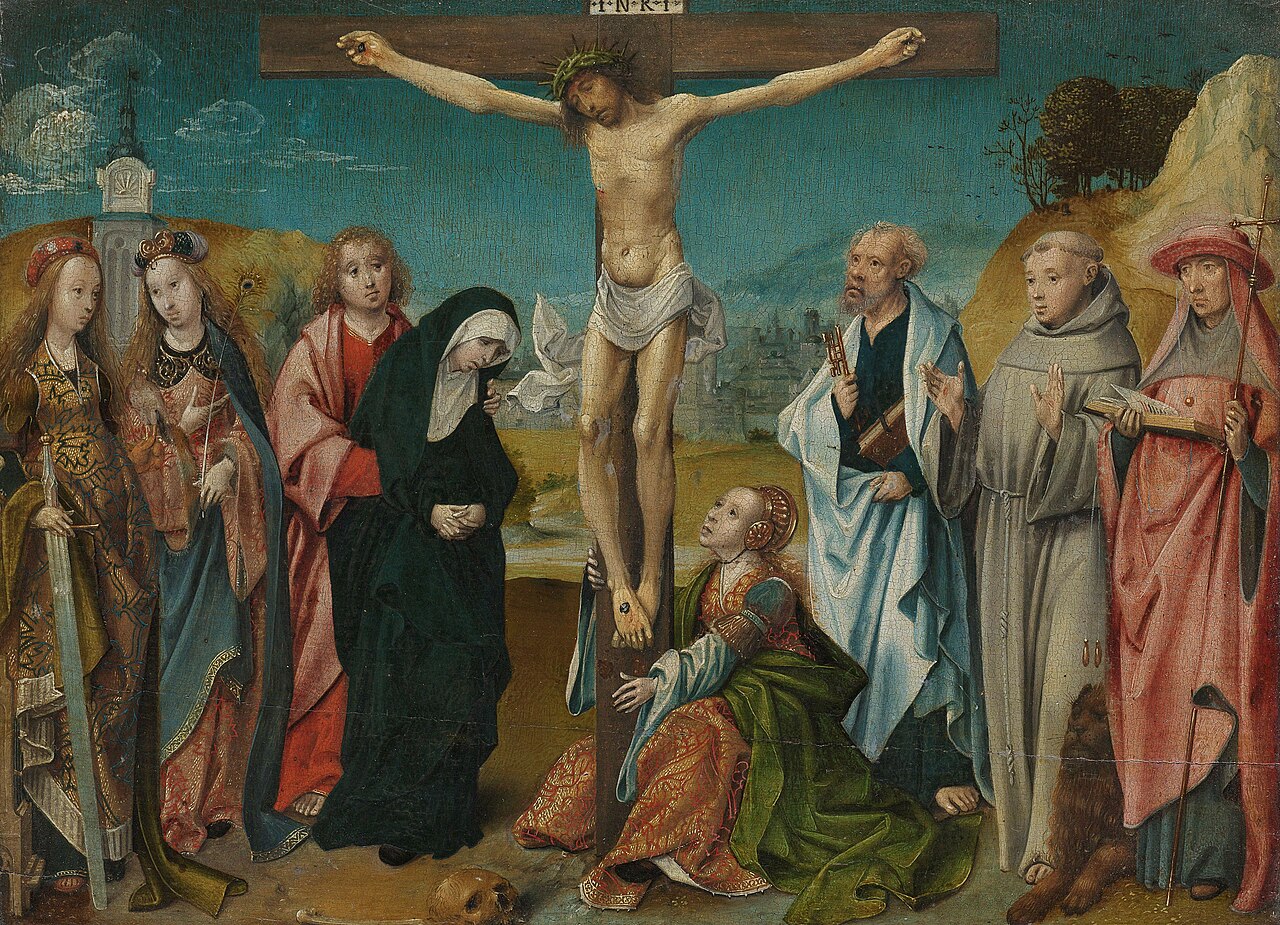 Christ on the cross with the Virgin, St John the Evangelist, Mary Magdalen, and Sts Cecilia and Barbara (left), and Sts Peter, Francis and Jerome (right) by Cornelis Engebrechtsz.