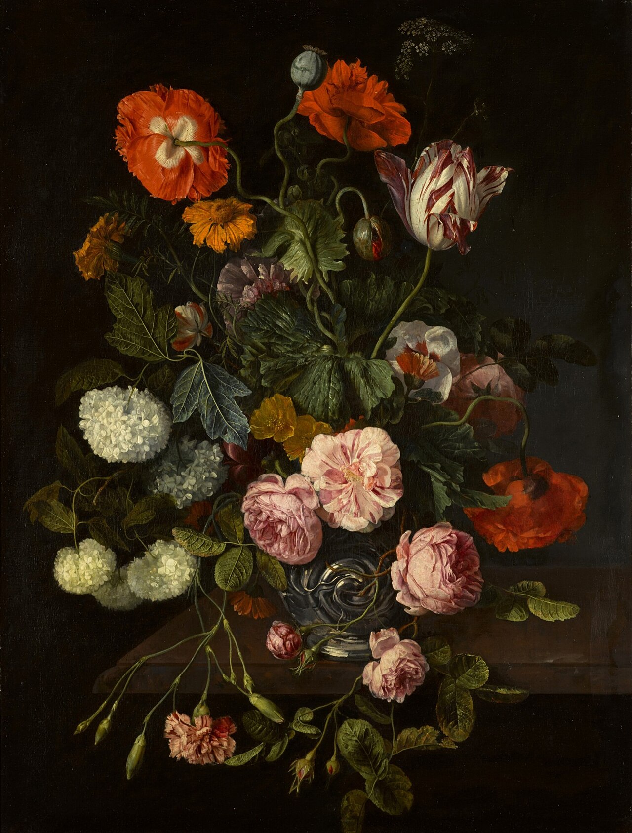 Still life of flowers in a glass vase over a stone ledge by Cornelis Kick