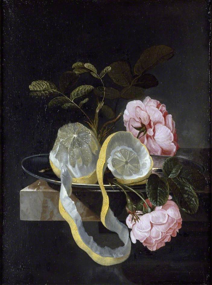 Still Life with a Lemon and pink Roses by Cornelis Kick