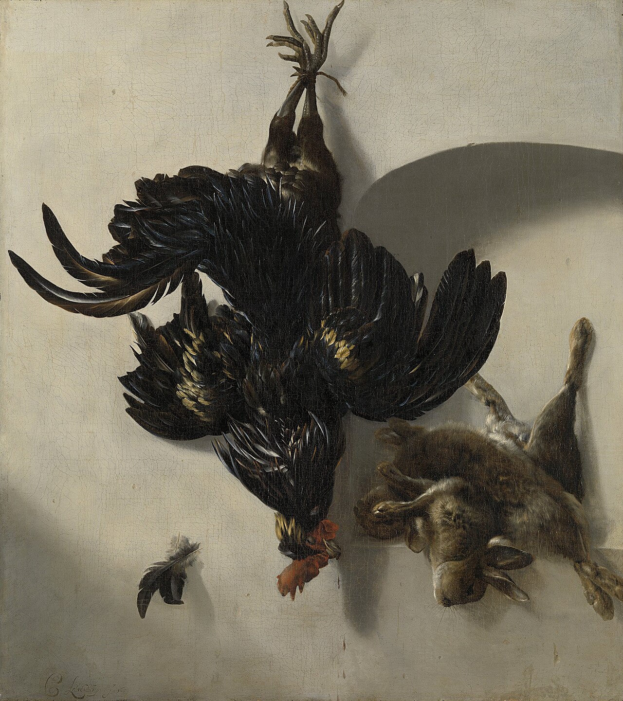 Still life with black rooster and two rabbits by Cornelis Lelienbergh