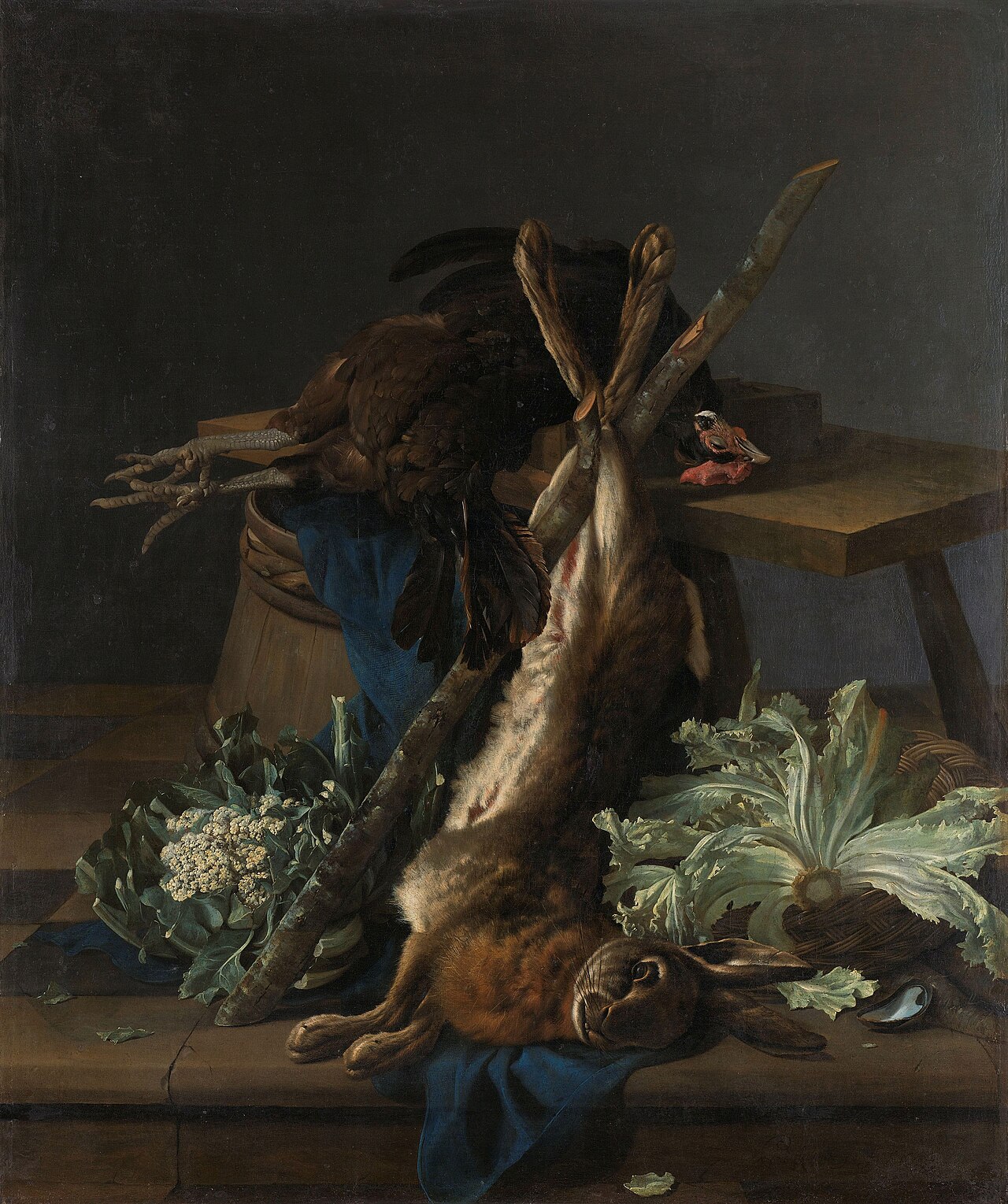 Still life with hare and black rooster by Cornelis Lelienbergh