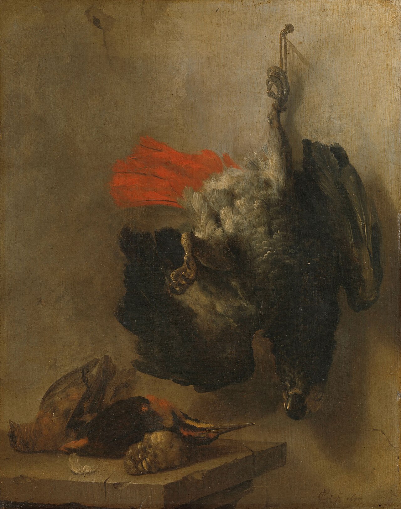 Still life with parrot and snipes by Cornelis Lelienbergh