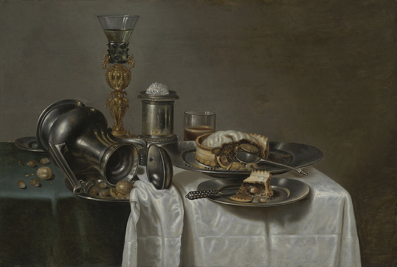 Still life with pie, nuts and berkemeyer by Cornelis Mahu