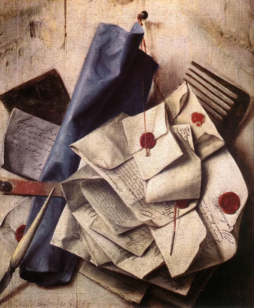 Trompe l'oeil, a quodlibet with letters, comb, and a roll of blue paper by Cornelis Norbertus Gijsbrechts