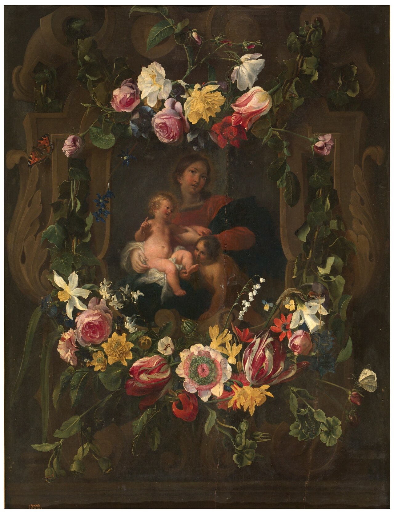 Sculpted cartouche adorned with flowers with a representation of the Virgin and Child with Saint John by Cornelis Schut III