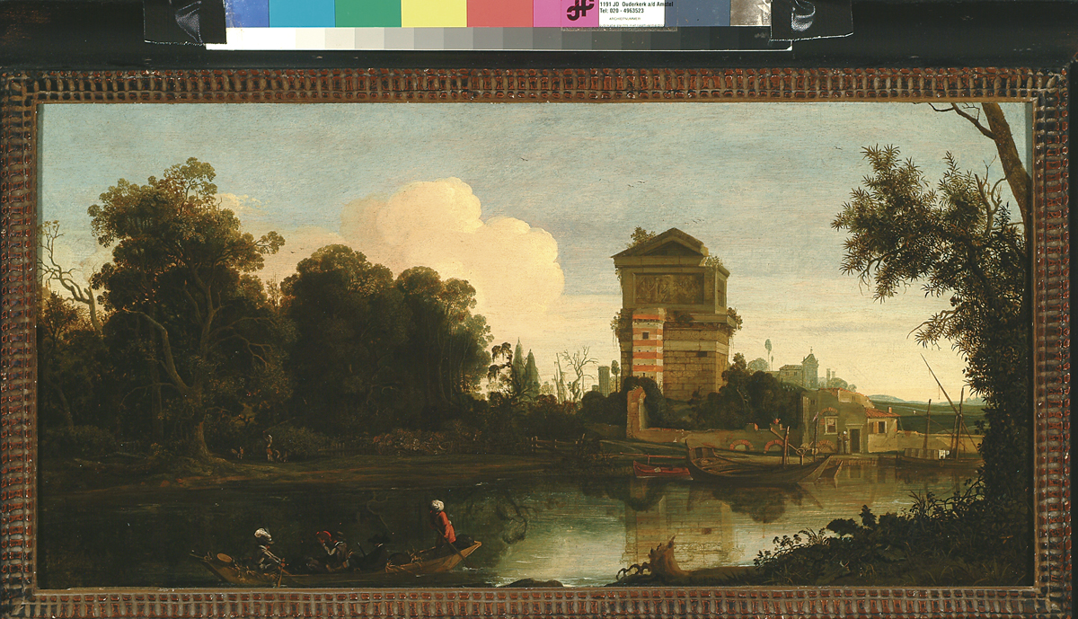 River landscape with tomb by Cornelis Vroom