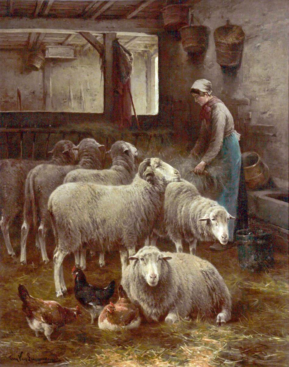 Woman with Sheep in a Barn by Cornelius Van Leemputten