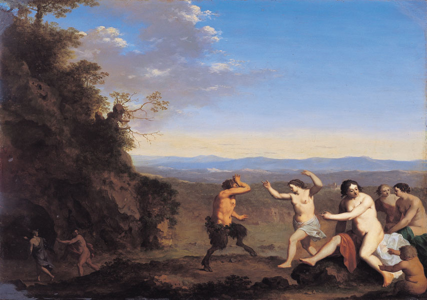 Nymphs and satyrs in a landscape by Cornelius van Poelenburgh
