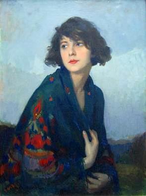 Woman with green shawl by Cyprien Eugène Boulet
