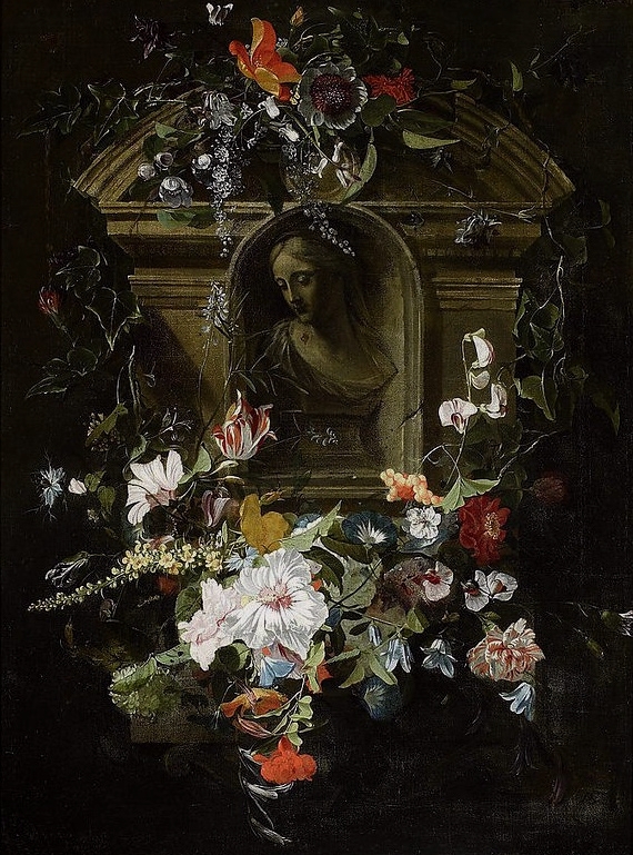 A bust portrait of a woman in a flower wreath by Daniel Seghers