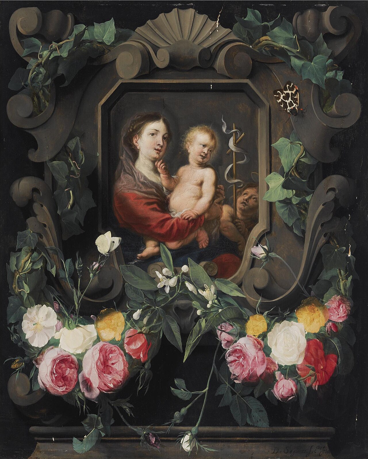 The Virgin and child with the infant Saint John, in a stone cartouche, decorated with a garland of roses by Daniel Seghers