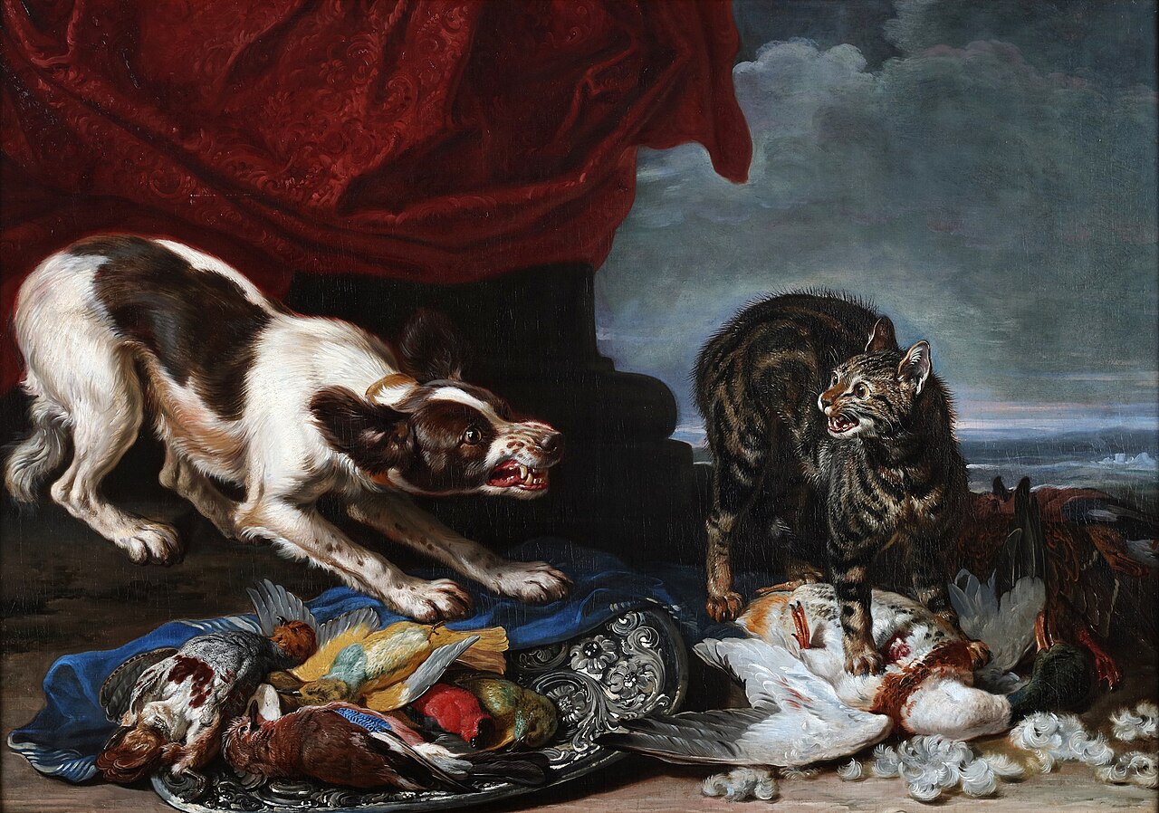 A cat and a dog fighting over fowl by David de Coninck