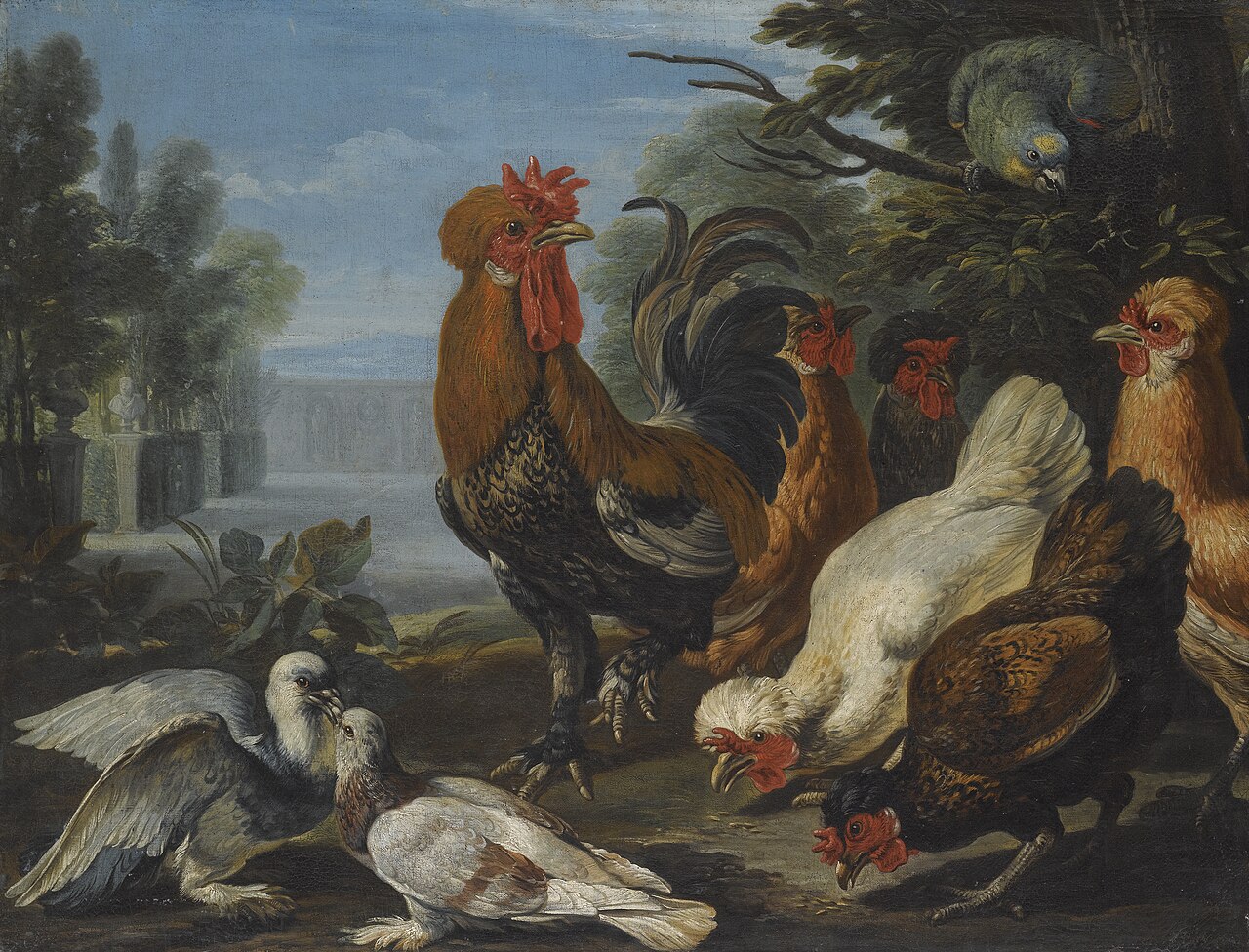 A cockerel, hens, doves and a parrot in a formal garden setting by David de Coninck