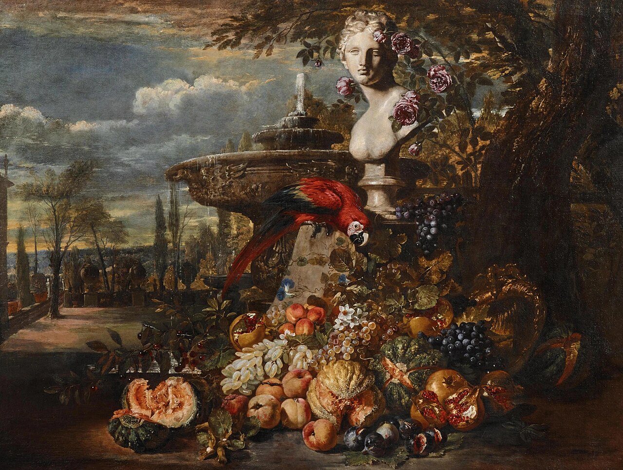 A parrot, melons, peaches, pomegranates, grapes and cherries in an Italianate park by David de Coninck