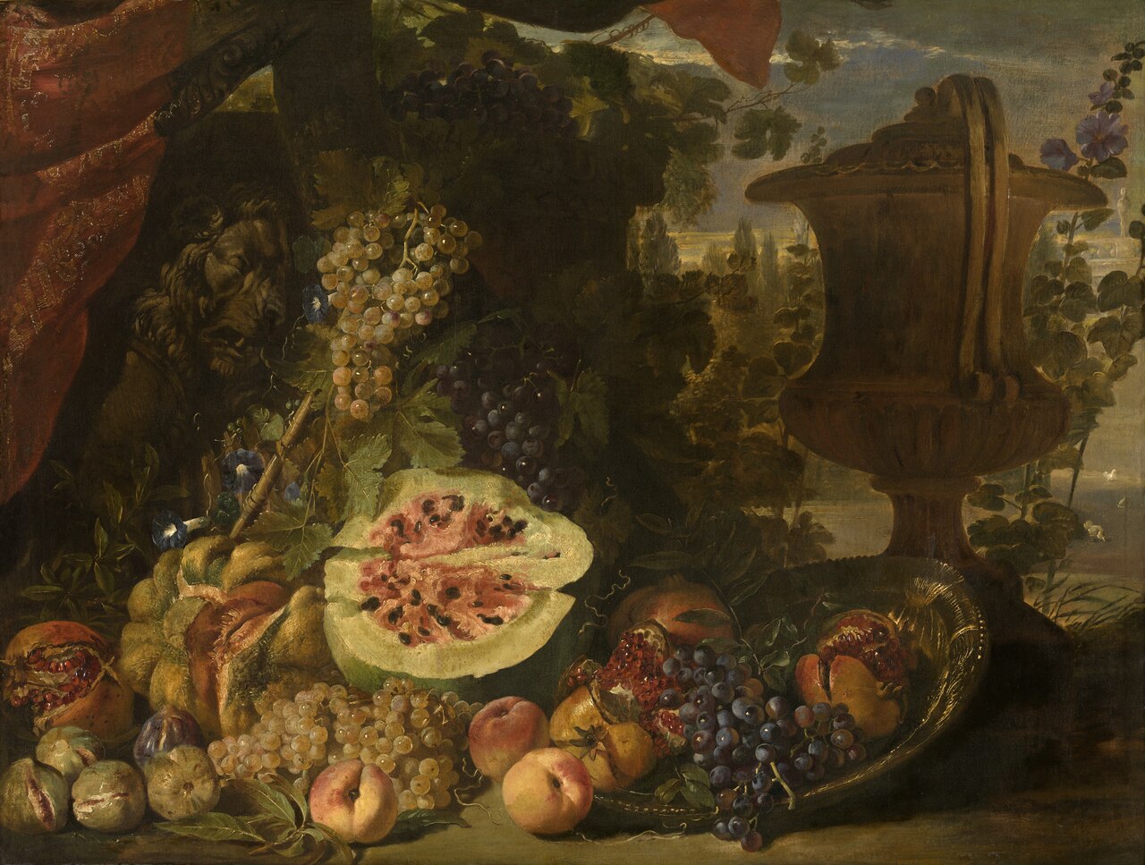 Fruit still life of pumpkin, melon, grapes, peaches and pomegranates; right a garden vase, left a sarcophagus by David de Coninck