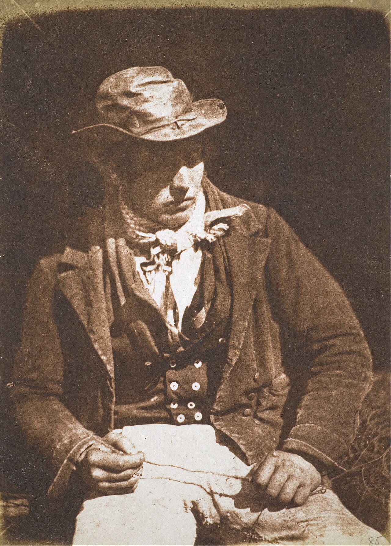 Willie Liston, Newhaven fisherman, redding  [cleaning or preparing] the line by David Octavius Hill