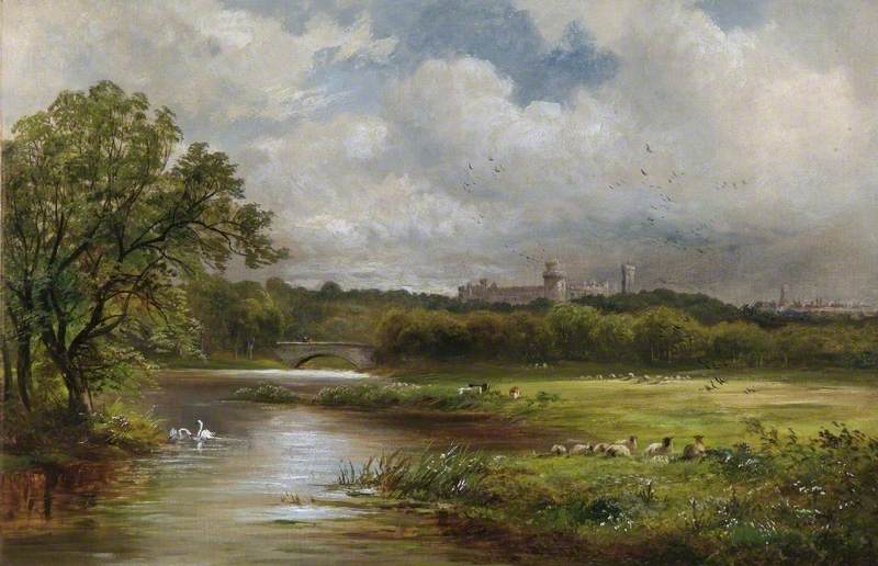 Rural Landscape with Sheep Grazing in a Meadow with Windsor Castle in the Distance by David Payne