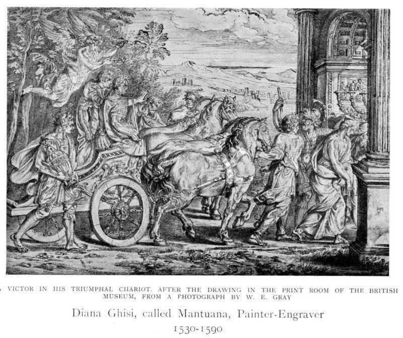 The Triumph of Titus and Vespasian; the men in a horse-drawn chariot, an angel with crowns above them, a triumphal arch at right and landscape beyond by Diana Scultori