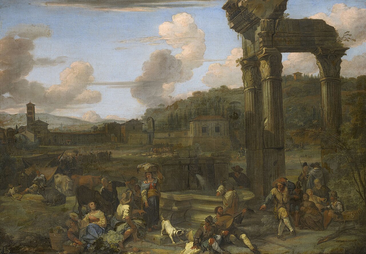 Figures in a Classical Landscape with Ruins by Dirck Helmbreker