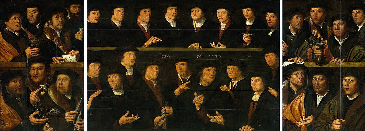 Triptych with guardsmen of the Amsterdam Kloveniersdoelen (headquarters of the arquebusiers’ civic guard) by Dirck Jacobsz