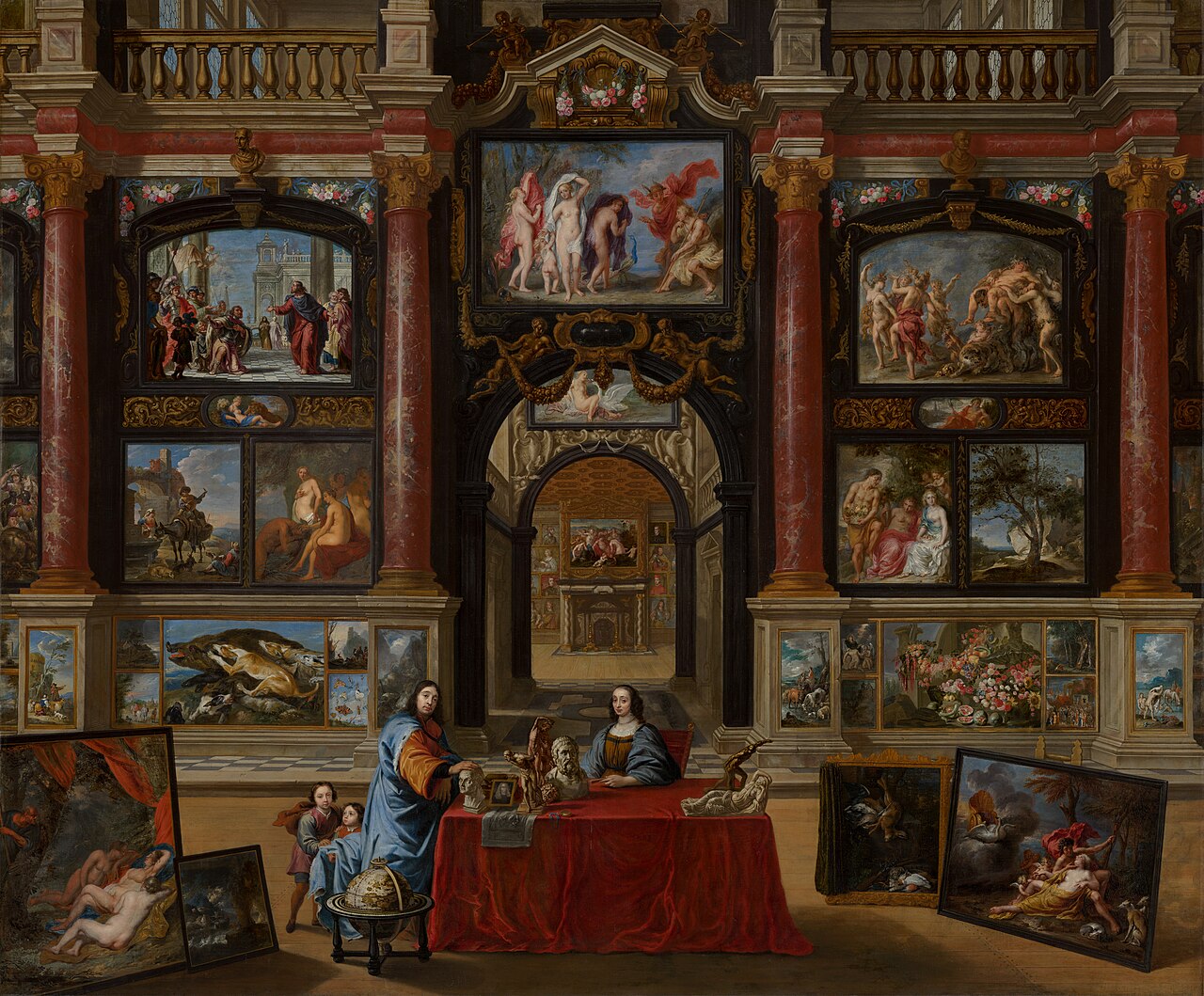 Intérieur avec personnages devant une collection de peintures by Dirck van Delen
