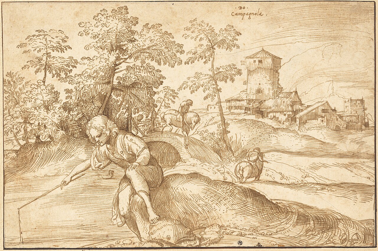 Landscape with a Boy Fishing by Domenico Campagnola