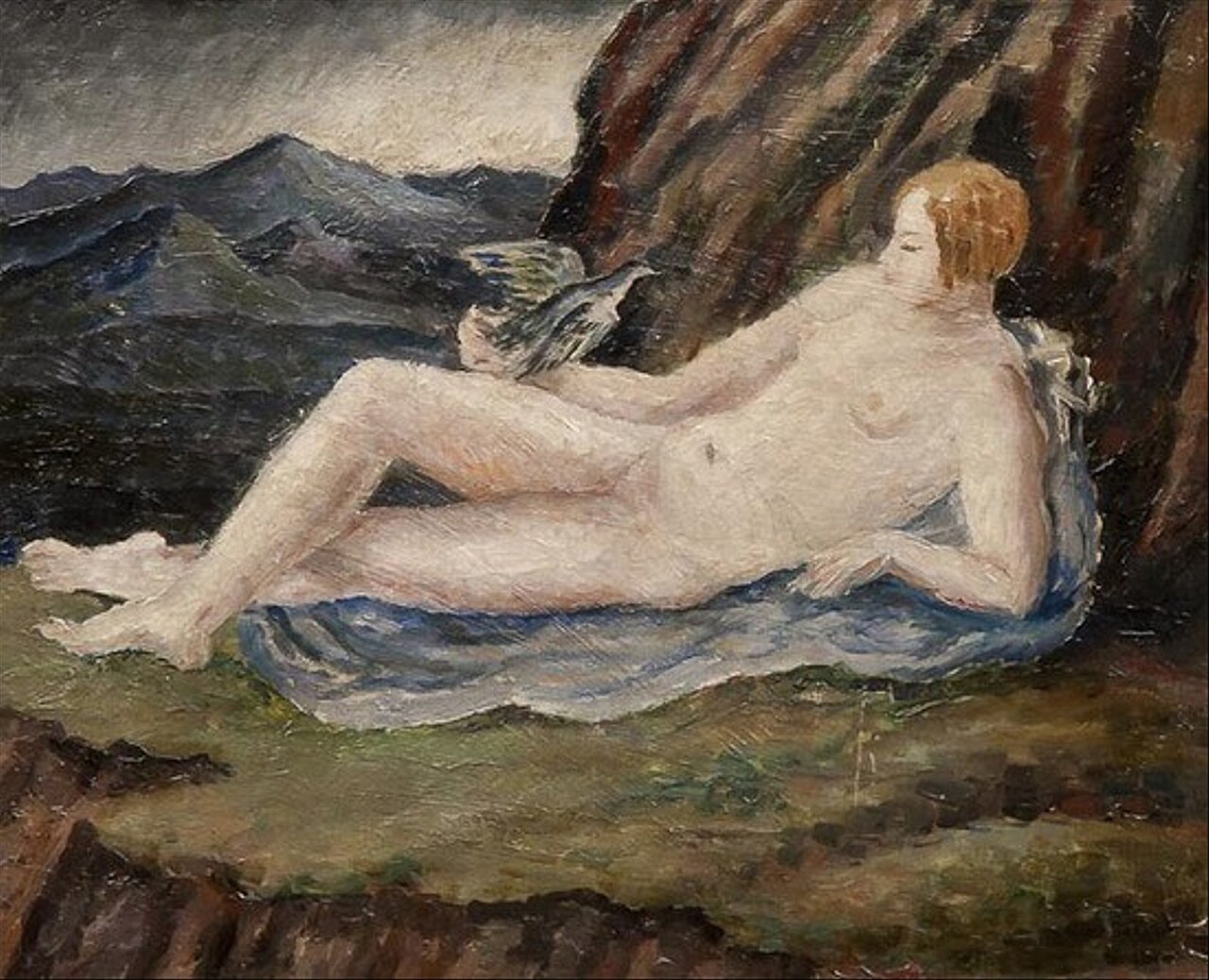 Reclining nude with dove in a mountainous landscape (portrait of Henrietta Bingham) by Dora Carrington