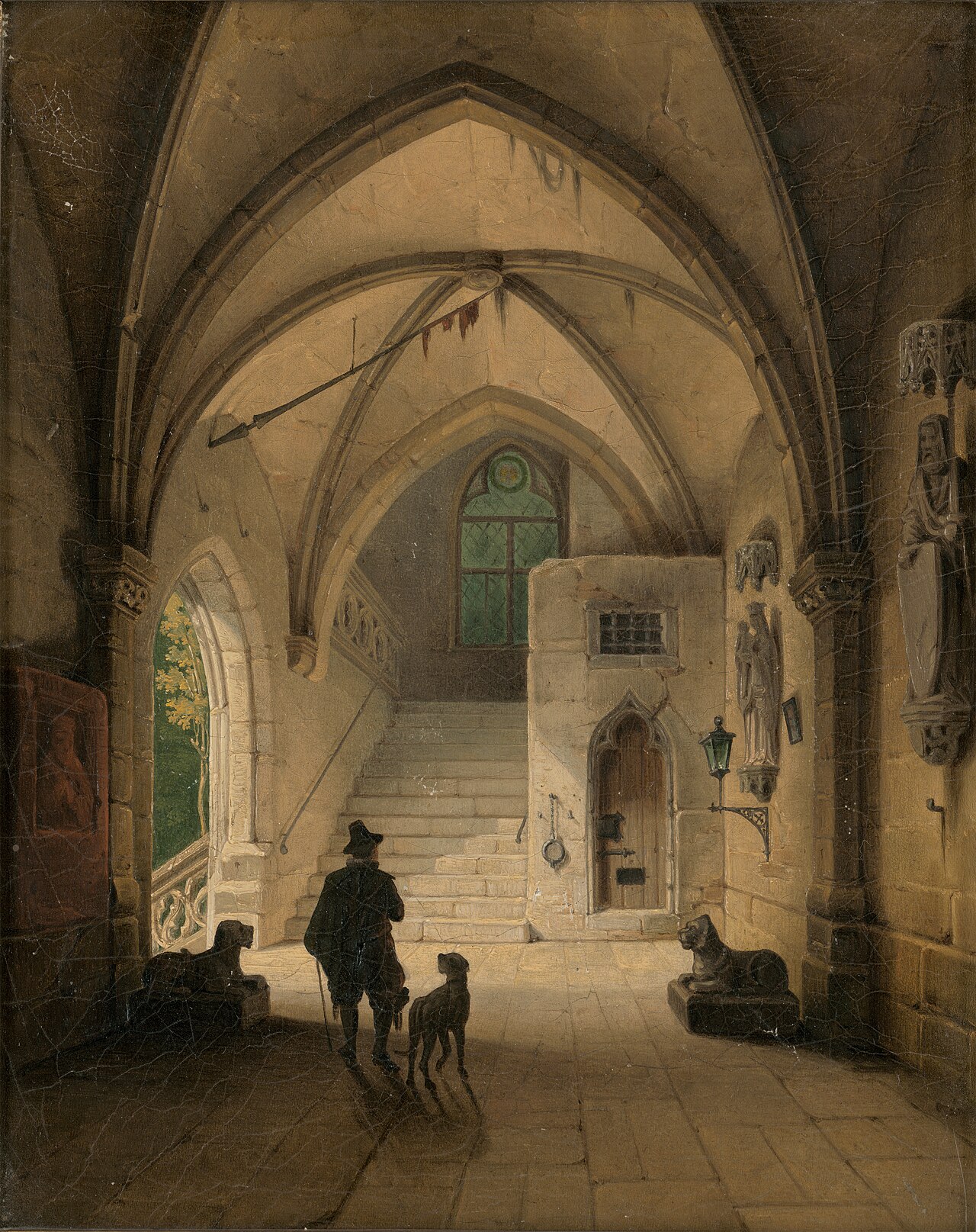 View into a Gothic vestibule, in the foreground a nobleman with his dog by Eduard Gerhardt