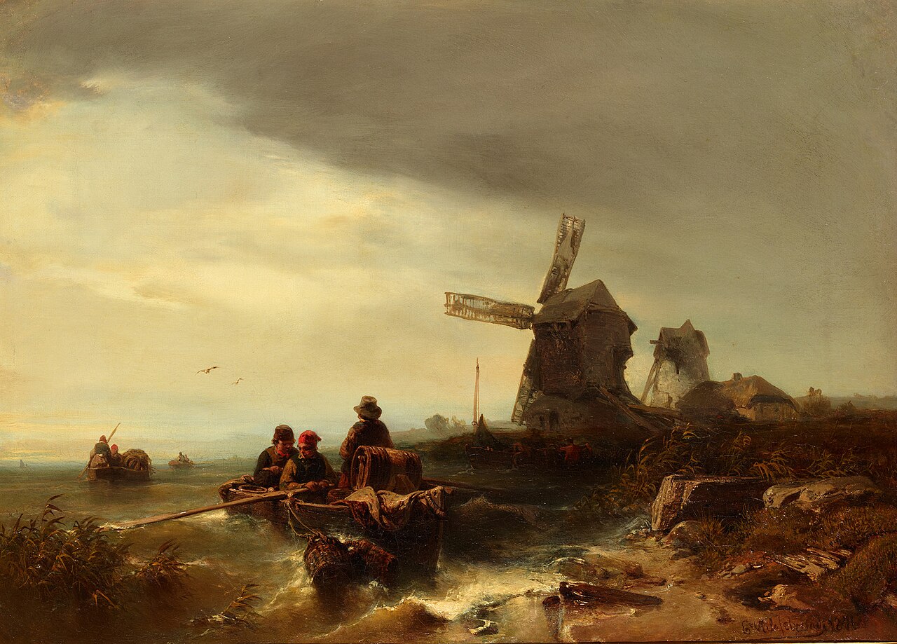 Normandy coast. With windmills and fishing boats by Eduard Hildebrandt