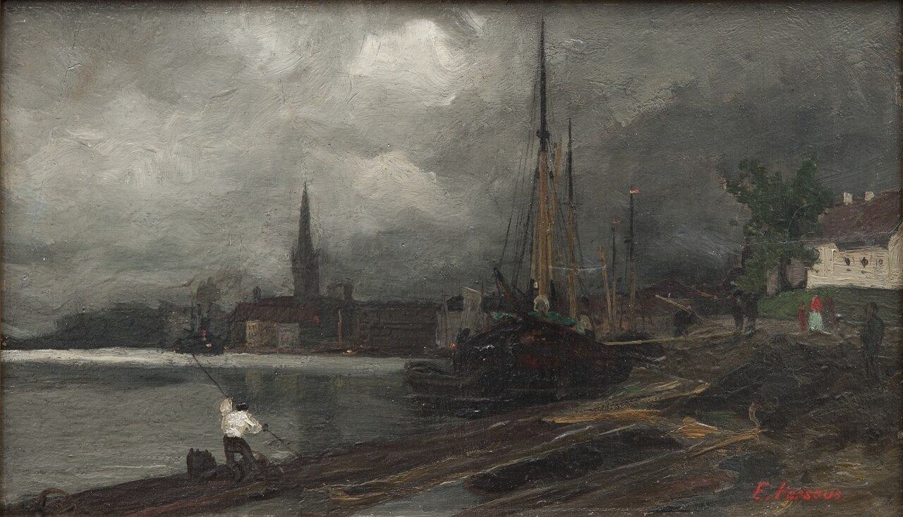 Stadsvy med hamn. Studie by Edvard Perséus