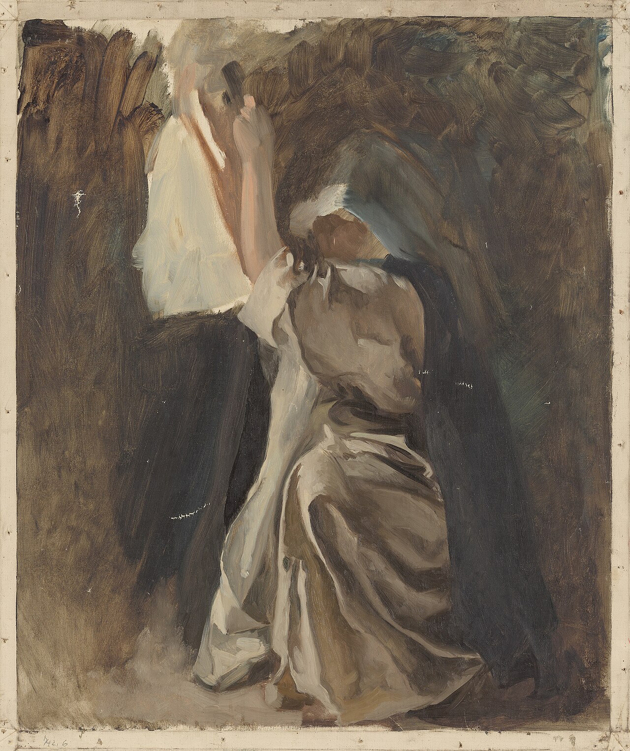 Figure study of nun, for The Infancy of Galahad, in The Quest and Achievement of the Holy Grail, Book Delivery Room, Boston Public Library by Edwin Austin Abbey