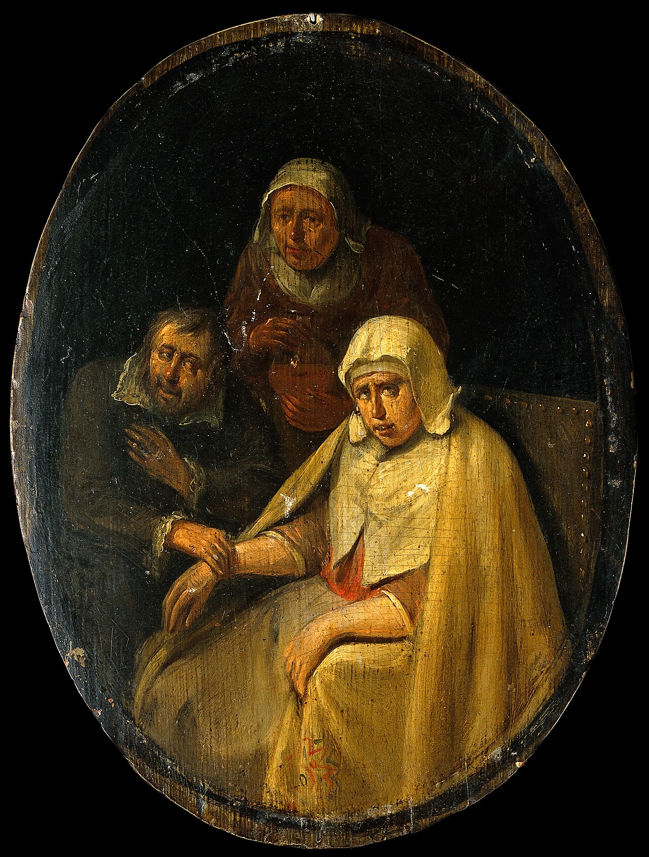 A man taking a woman's pulse. by Egbert van Heemskerck