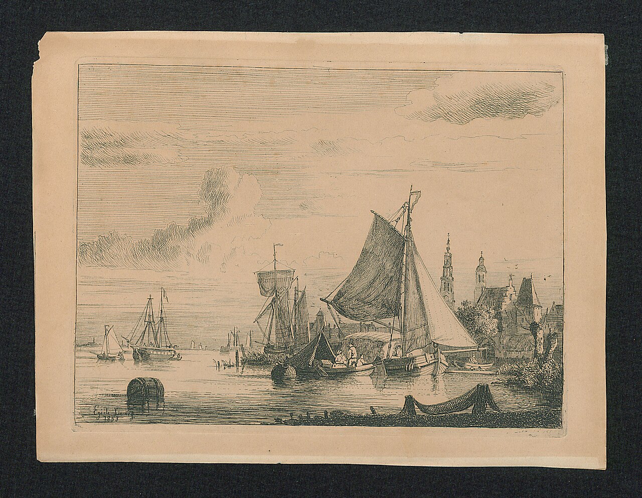 Redezicht bij Antwerpen met twee kerktorens achteraan rechts by Egide Linnig