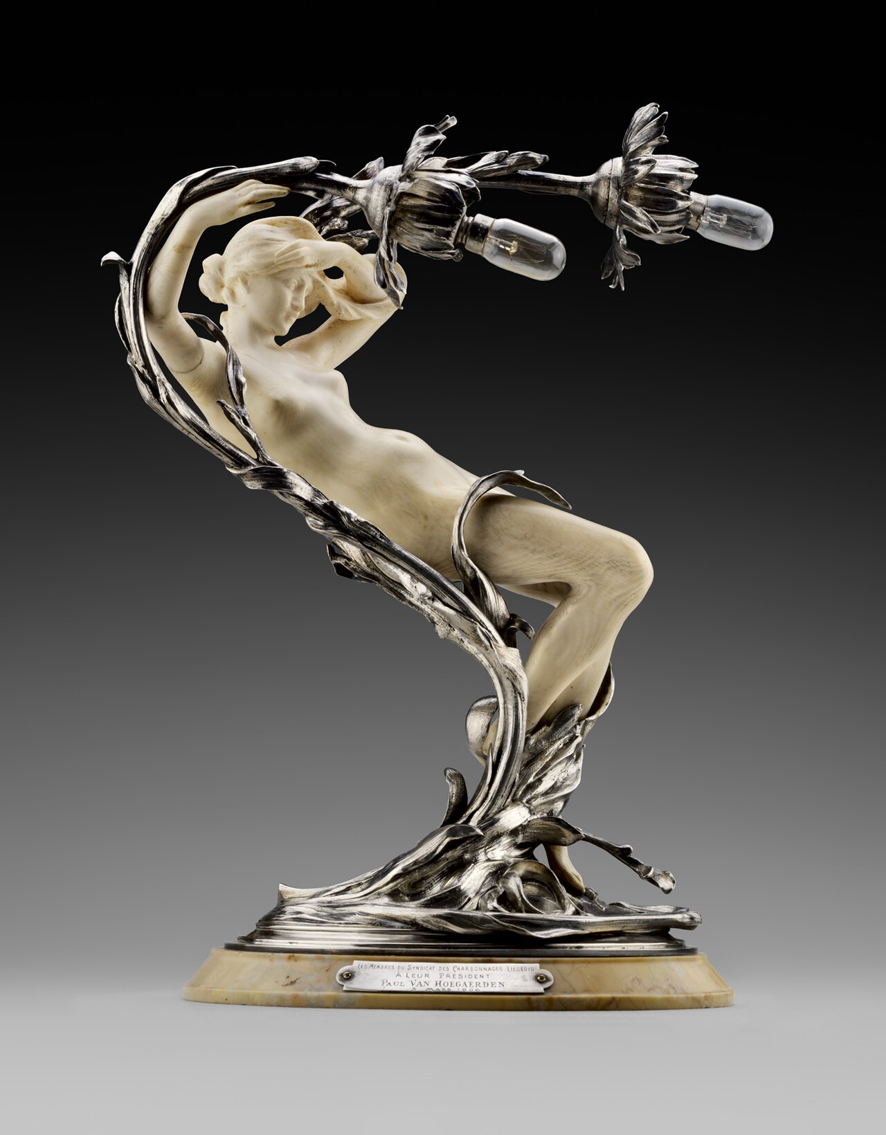 Lamp with a nymph by Egide Rombaux