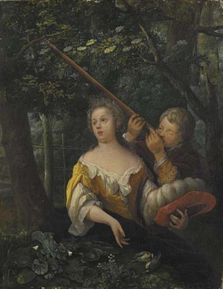 A Girl and a Boy Aiming at Birds with Pea-shooters by Eglon van der Neer