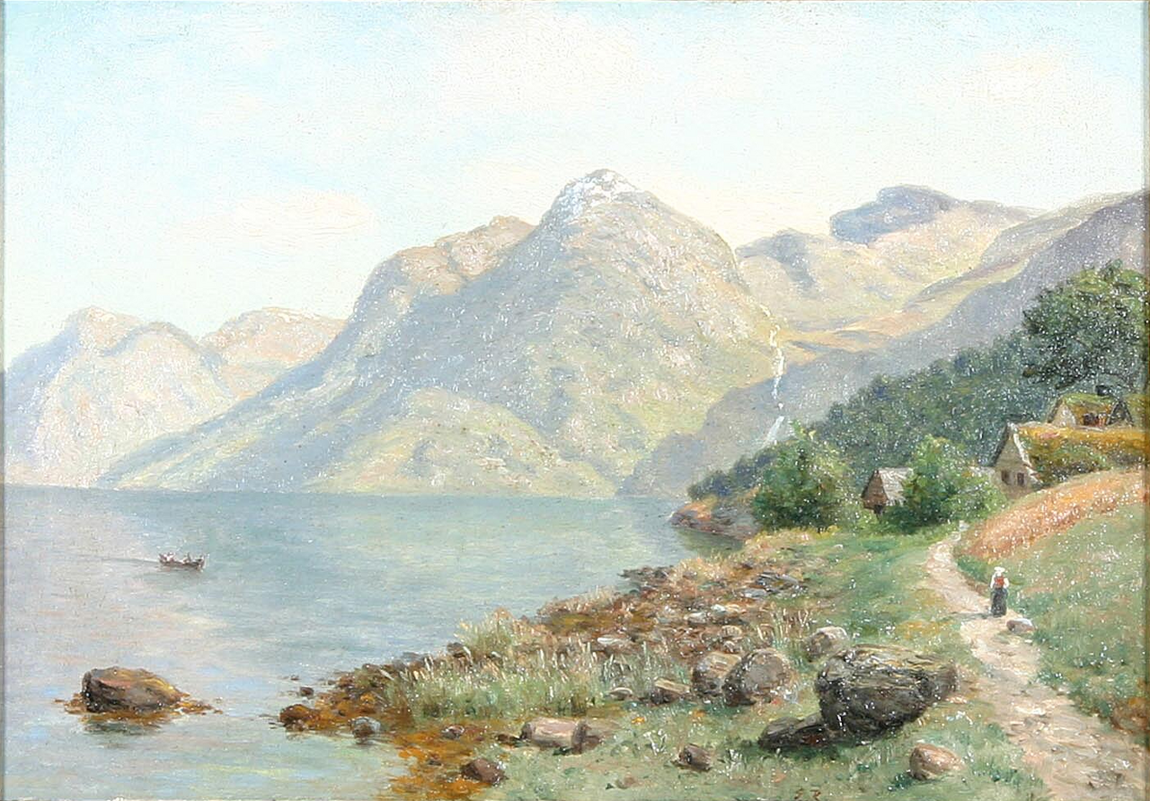 A mountain lake with a small boat. by Eiler Rasmussen Eilersen