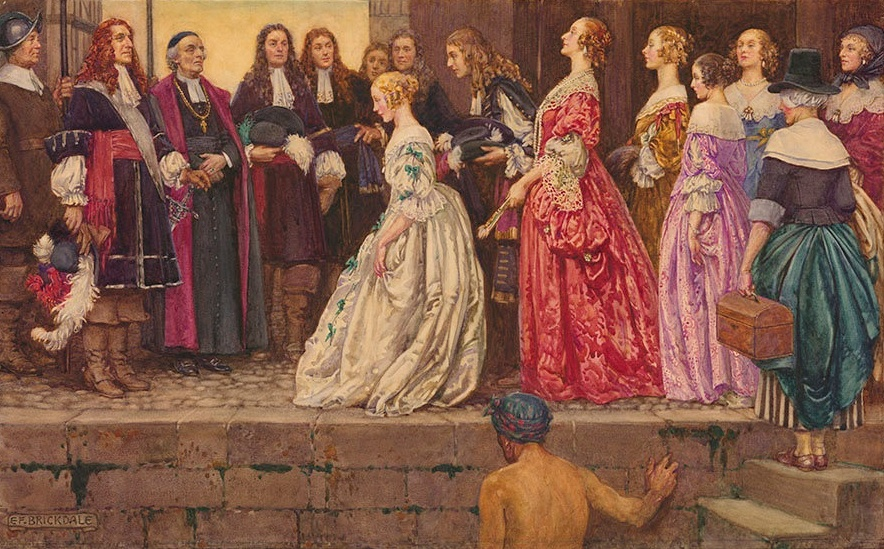 Women coming to Quebec in 1667, in order to be married to the French Canadian farmers. Talon and Laval are waiting for the arrival of the women by Eleanor Fortescue-Brickdale