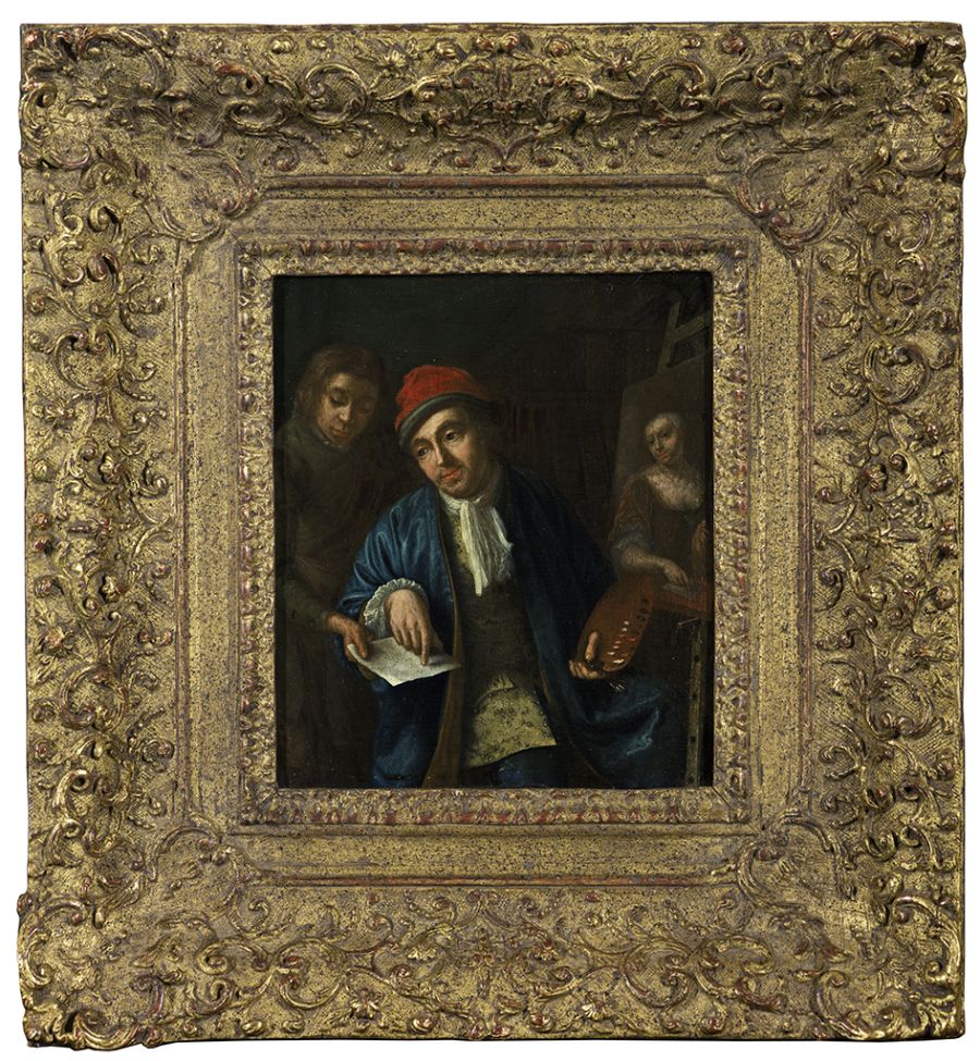 Portrait of de schilder Jan Abel Wassenbergh, echtgenoot van Johanna van Oyen, vader van de schilderes, een portret van zijn dochter schilderend (?) by Elisabeth Geertruida Wassenbergh