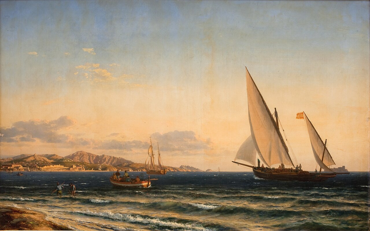 Aften ved Middelhavet. I baggrunden Marseille og øen If by Emanuel Larsen