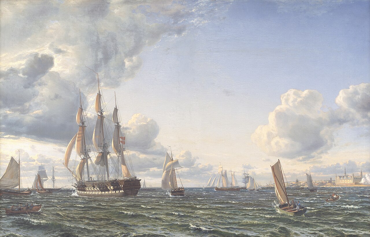 Linieskibet "Valdemar" krydser Sundet ind for en frisk bramsejlskuling by Emanuel Larsen